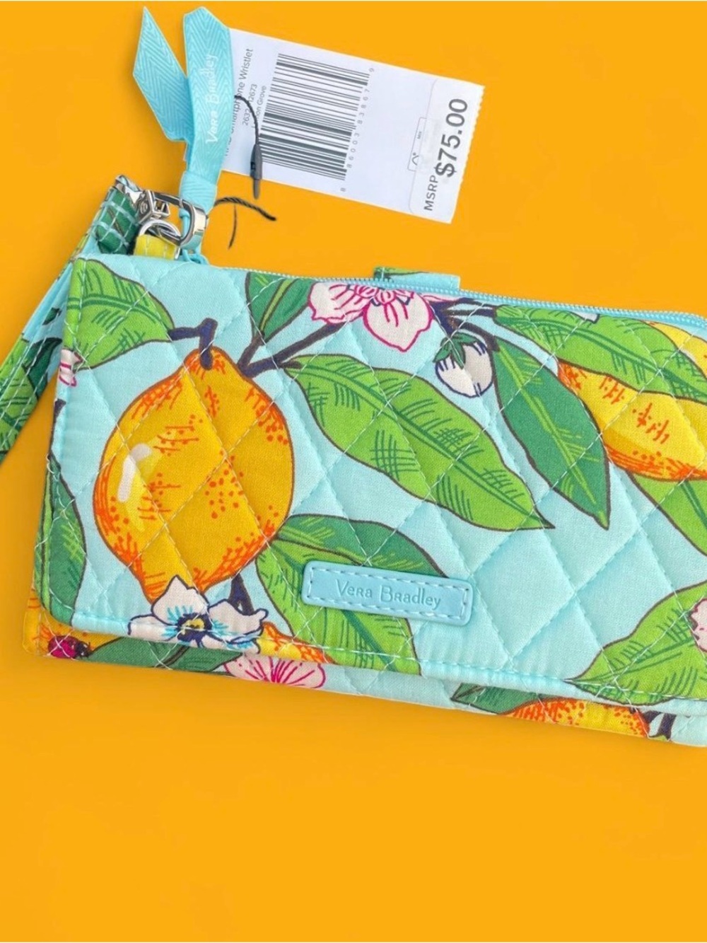 Vera Bradley Lemon Grove RFID Tech wristlet Quilted Passport Wallet - lemon teal